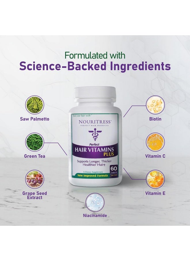 NouriTress Perfect Hair Vitamins Plus - 60 tabs | Hair Growth Supplements | DHT Blocker Proprietary Formula | Professional Salon Strength | 1 Month Supply | Dermatologist Recommended