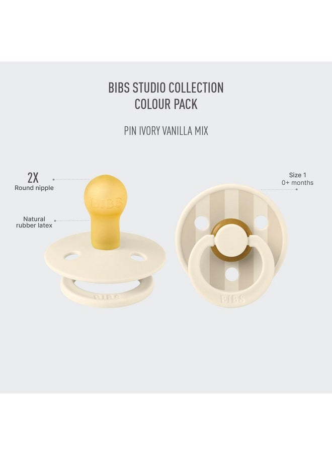 BIBS Pacifiers - Colour Studio 2 Pack | Round Nipple Baby Pacifier | BPA Free Natural Rubber Latex Soother | Made in Denmark | Size 0+ Months | Pin Ivory Vanilla