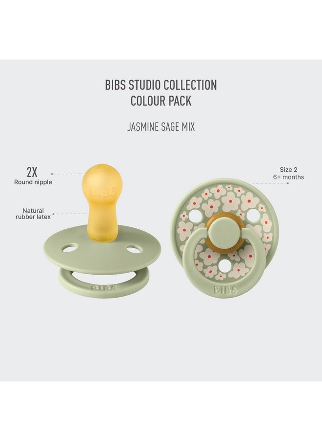 BIBS Pacifiers - Colour Studio 2 Pack | Round Nipple Baby Pacifier | BPA Free Natural Rubber Latex Soother | Made in Denmark | Size 6+ Months | Jasmine Sage