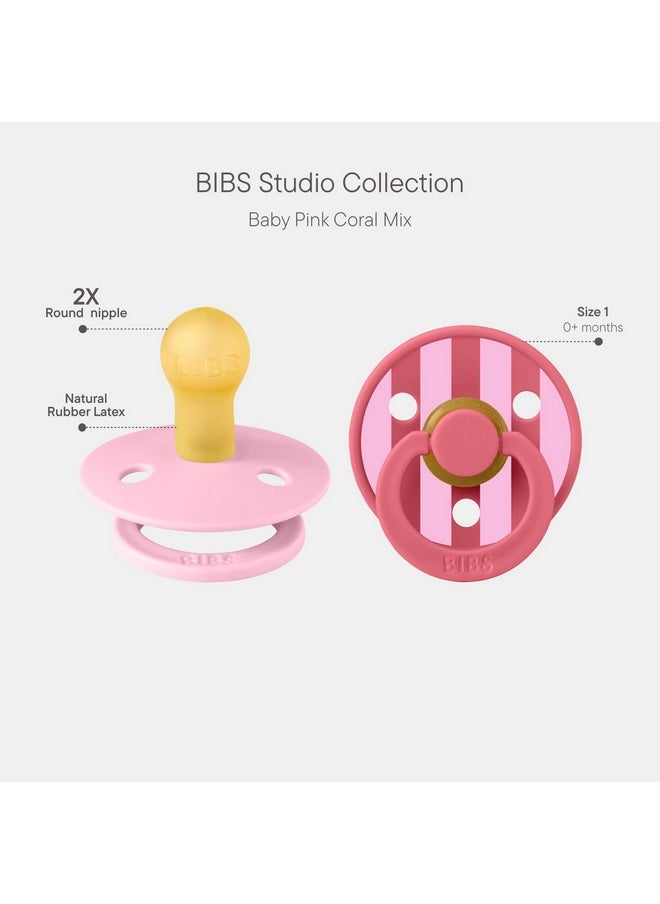 BIBS Pacifiers - Colour Studio 2 Pack | Round Nipple Baby Pacifier | BPA Free Natural Rubber Latex Soother | Made in Denmark | Size 0+ Months | Block Baby Pink Coral
