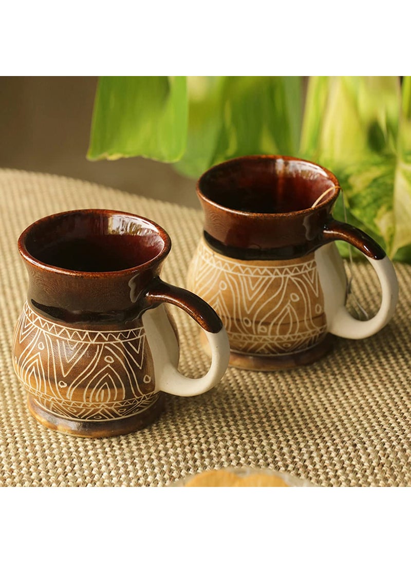 ExclusiveLane Ceramic Coffee Mugs Set of 6 | 'Cocoa Fire Carvings' Studio Pottery Mugs for Coffee Cup Tea Mug & Cup (Dark Brown & Beige, 300 ML, Microwave & Dishwasher Safe)