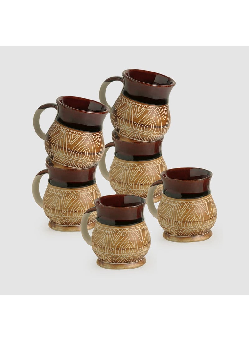 ExclusiveLane Ceramic Coffee Mugs Set of 6 | 'Cocoa Fire Carvings' Studio Pottery Mugs for Coffee Cup Tea Mug & Cup (Dark Brown & Beige, 300 ML, Microwave & Dishwasher Safe)