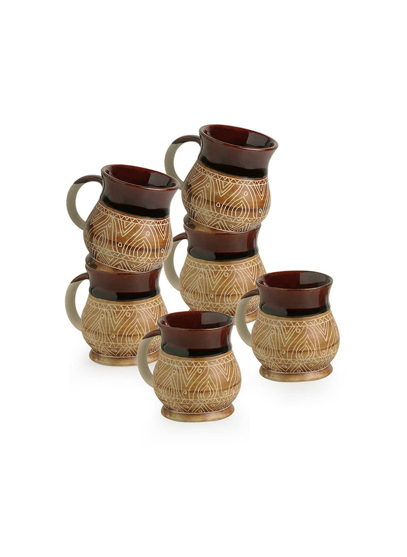 ExclusiveLane Ceramic Coffee Mugs Set of 6 | 'Cocoa Fire Carvings' Studio Pottery Mugs for Coffee Cup Tea Mug & Cup (Dark Brown & Beige, 300 ML, Microwave & Dishwasher Safe)
