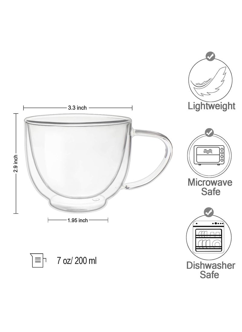 Baskety 200ml Glass Cappuccino Cups with Handle ，Double Walled Coffee Glasses for Specialty Coffee Drinks, Latte, Cafe Mocha and Tea - Set (Pack of 2)