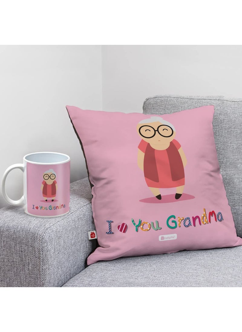 Indigifts Cushion Cover with Filler & Coffee Mug Combo Grandma I Love You Printed Pillow |Birthday Gift for Maa, Grandmother, Mother (Multi)