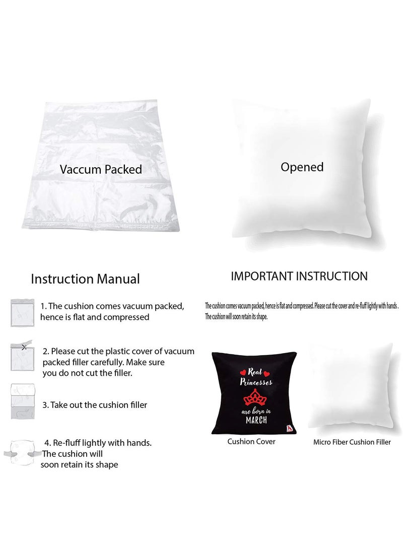 Kaameri Bazaar Real Princesses are Born in March Satin Cushion Cover with Filler, Ceramic Coffee and Tea Mug with Quotes (Black, 12x12 inches, 3 Piece)