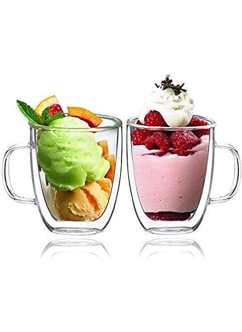 FRESHFUSION New Double Wall Glass Light Weight Coffee Cups, Insulated Mugs, Espresso, Latte, Cappuccino, Tea, Transparent, (with Handle (250 ml) 2 Pcs)