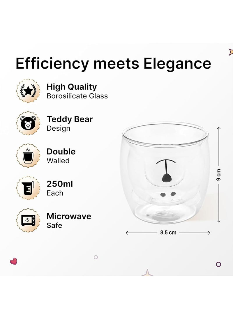 Kuber Industries 2 Pcs Cute Teddy Bear Cups | Borosilicate Double Wall Glass Cups | Microwave Safe | Heat Resistant | Scratch Proof | 250 ML | Pack of 1 | Transparent