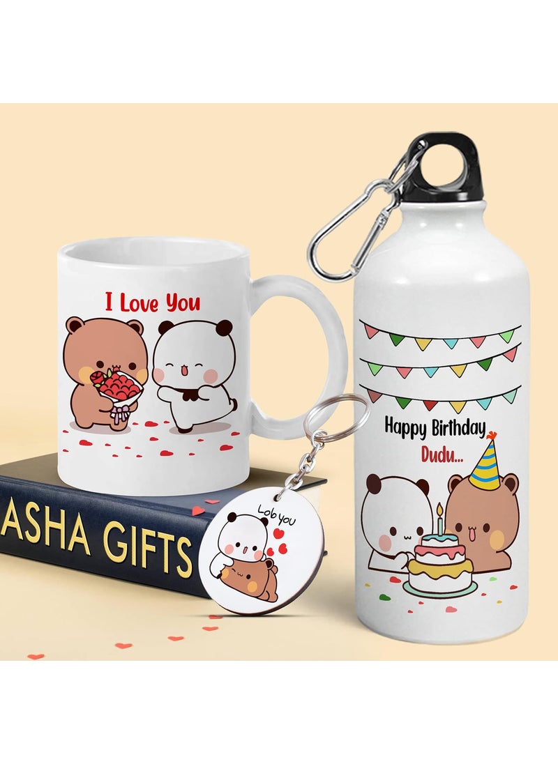 Bubu Dudu Love Gift for Birthday/Anniversary Sipper Water Bottle Aluminium with Coffee Mug, Wooden Keychain Combo Pack MSK-8