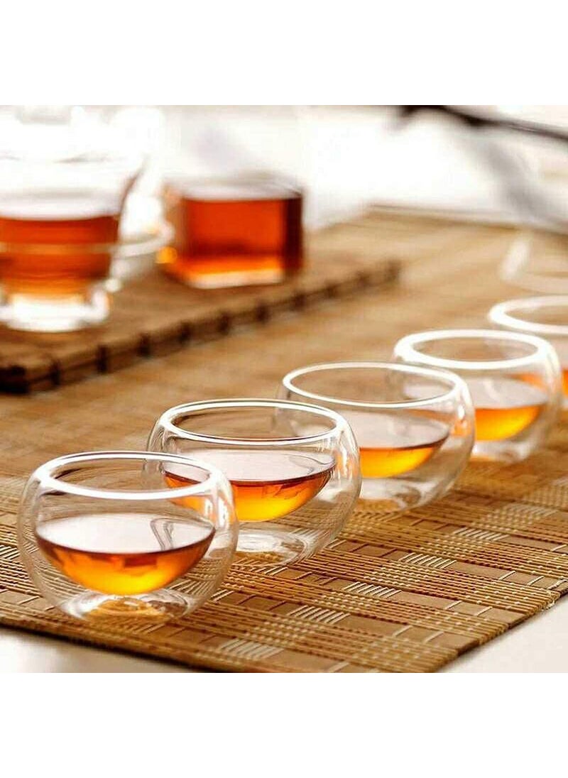 P-PLUS INTERNATIONAL Double-Walled Small Glass Tea Cups 80ML Heat Resistant Double Wall Glass Teacup Sake Cups,Borosilicate Glass Mug,Clear Double Walled Glass Coffee Cups (Pack of 6)