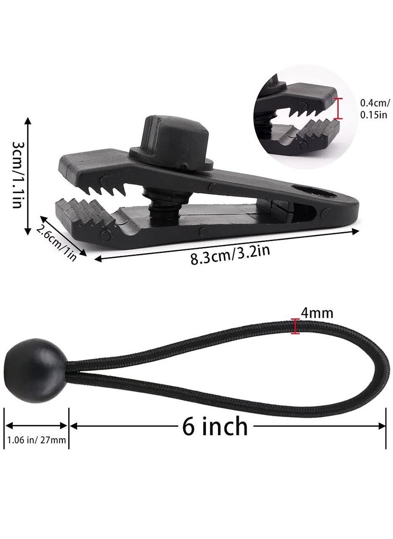 10 Sets of Bungee Balls and Tarp Clips Black 6 Inches Ball Cord Heavy Duty Lock Grip Clamps Shark Fasteners Holder for Camping Tents Cargo Pool Awning Car Cover Holding Wire Hoses