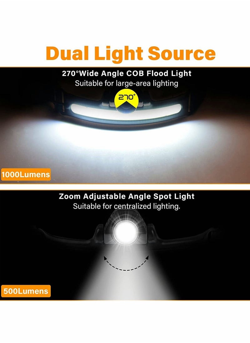 Headlamp Flashlight 270°Wide Beam Led 1000 Lumens Rechargeable With 6 Modes Motion Sensor Ipx5 Waterproof Headlight For Camping Running Fishing Hard Hat