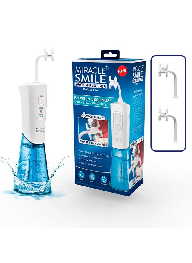 Ontel Miracle Smile Water Flosser for Teeth&Gum Health, Unique H-Shaped Flossing Head&4 Water Jets, Cordless Water Flosser Features 360° Cleaning&3 Pressure Modes, USB Rechargeable Dental Floss, White