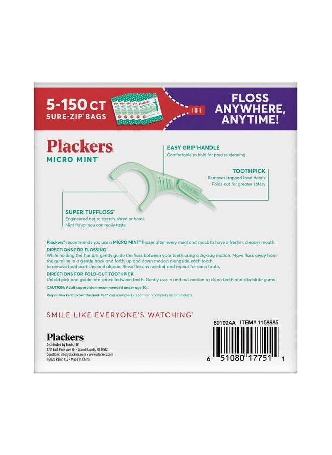 Plackers Micro Mint Dental Flossers, Fold-Out Toothpick, Super Tuffloss, Easy Storage with Sure-Zip Seal, Fresh Mint Flavor, 750 Count (Pack of 5)