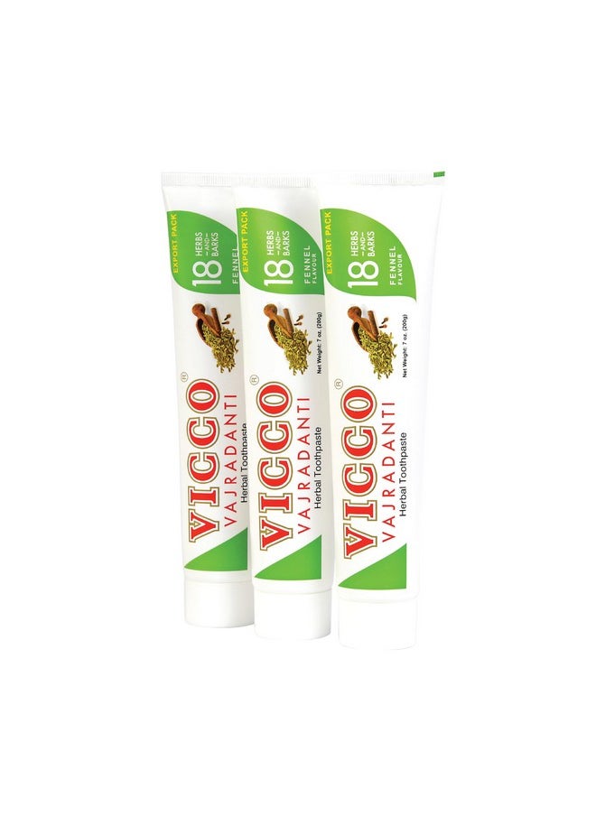 Vicco Vajradanti Herbal Toothpaste with Fennel Flavour - Contains 20 Ayurvedic Herbs and Barks, 100% Natural, Vegan & Cruelty-Free - 7 oz (Pack of 3)