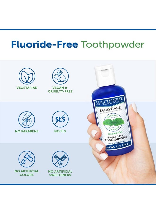 Eco-Dent DailyCare Baking Soda Toothpowder, Mint - Fluoride-Free Toothpaste Powder, SLS-Free Tooth Powder with Baking Soda, Minerals, and Essential Oils, Toothpaste Alternative, 2 Oz Ea (Pack of 3)