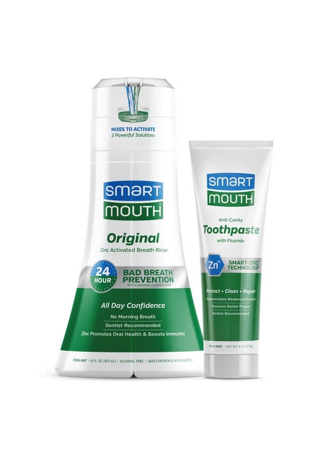 SmartMouth Premium Zinc Ion Toothpaste & Original Activated Mouthwash Combo - Whitening Toothpaste with Fluoride (Mild Mint Flavor) & Adult Mouthwash for Bad Breath (Fresh Mint Flavor)