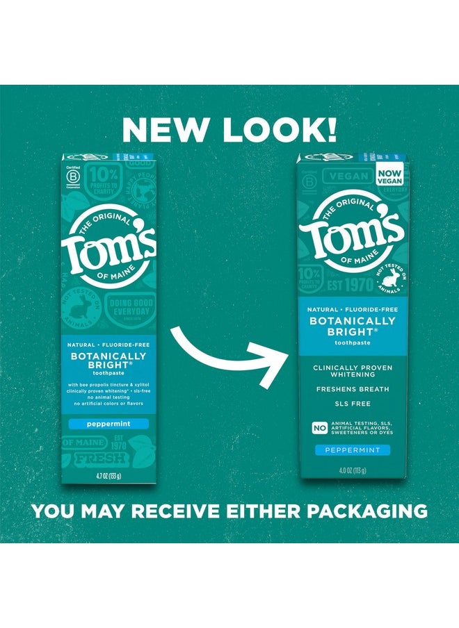 Tom’s of Maine Botanically Bright Natural Whitening Toothpaste, Fluoride Free and SLS Free, Vegan, Peppermint, 3 Pack, 4.0 Oz