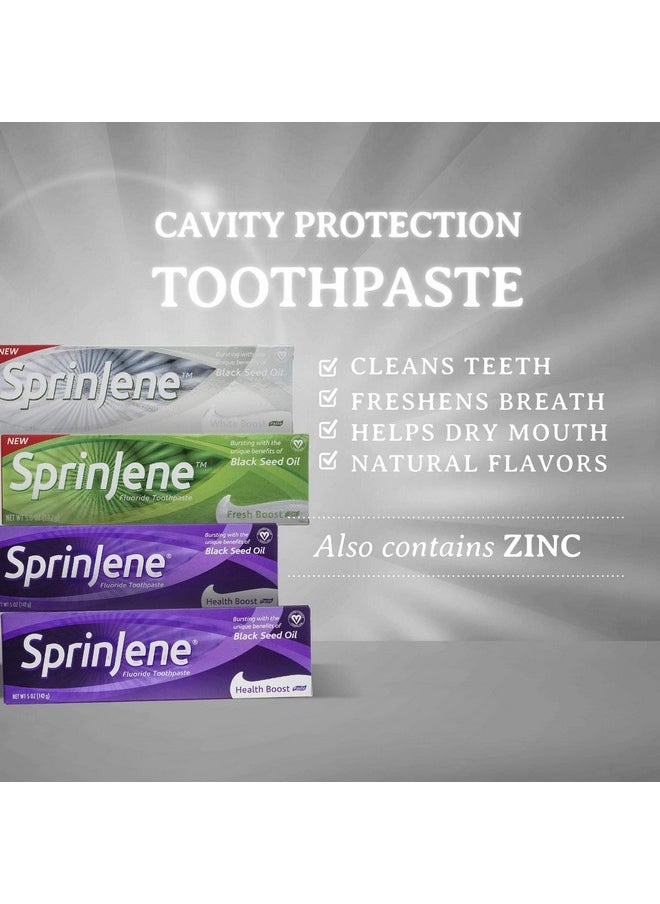 SprinJene Natural Fluoride Toothpaste for Adults - Fights Gingivitis and Tartar with Black Seed Oil, Zinc, Xylitol & Acacia Gum(White & Health Boost)