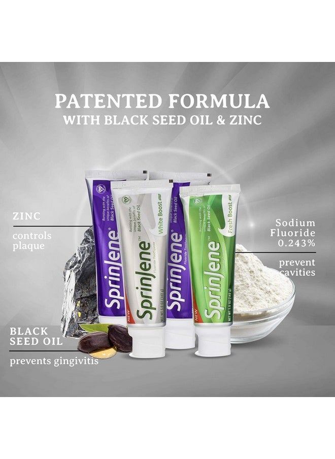 SprinJene Natural Fluoride Toothpaste for Adults - Fights Gingivitis and Tartar with Black Seed Oil, Zinc, Xylitol & Acacia Gum(White & Health Boost)