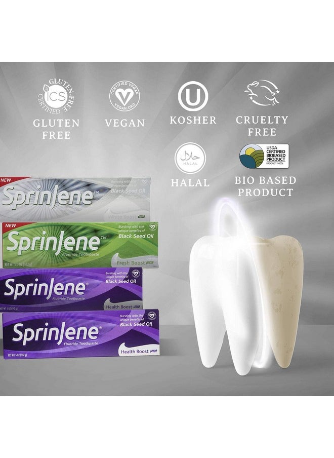 SprinJene Natural Fluoride Toothpaste for Adults - Fights Gingivitis and Tartar with Black Seed Oil, Zinc, Xylitol & Acacia Gum(White & Health Boost)