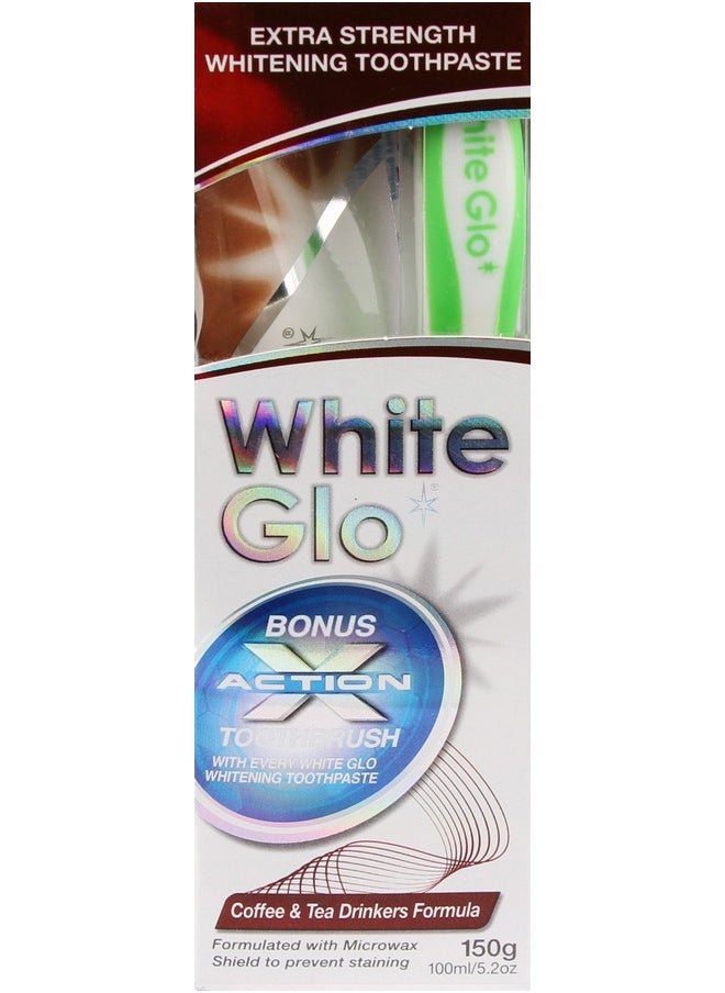 White Glo Coffee and Tea Drinkers Whitening Toothpaste with Bonus X Action Toothbrush, 5.2 Ounce