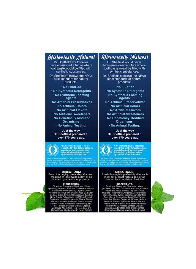 Dr. Sheffield’s Certified Natural Toothpaste (Peppermint) - Great Tasting, Fluoride Free Toothpaste/Freshen Your Breath, Whiten Your Teeth, Reduce Plaque (2-Pack)