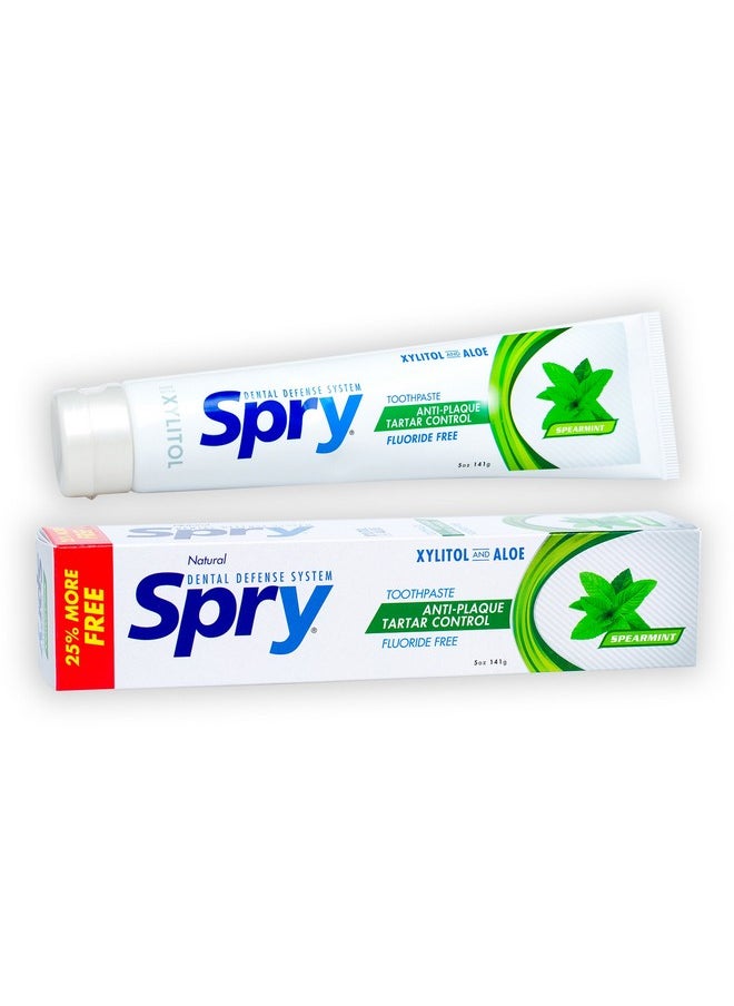 Spry Xylitol Toothpaste 5oz, Fluoride Free Toothpaste Adult and Kids, Teeth Whitening Toothpaste with Xylitol, Natural Breath Freshening, Mouth Moisturizing Ingredients, Spearmint (Pack of 1)