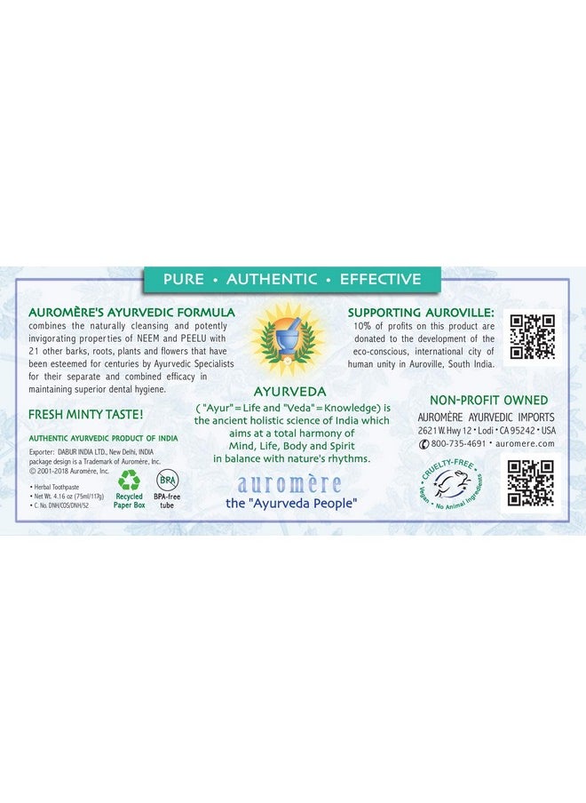 Auromere Ayurvedic Herbal Toothpaste, Fresh Mint - Vegan, Natural, Non GMO, Fluoride Free, Gluten Free, with Neem & Peelu (4.16 oz), 1 Pack