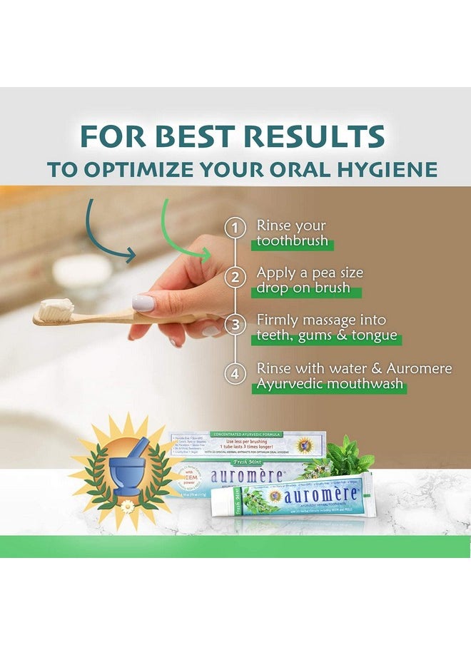 Auromere Ayurvedic Herbal Toothpaste, Fresh Mint - Vegan, Natural, Non GMO, Fluoride Free, Gluten Free, with Neem & Peelu (4.16 oz), 1 Pack