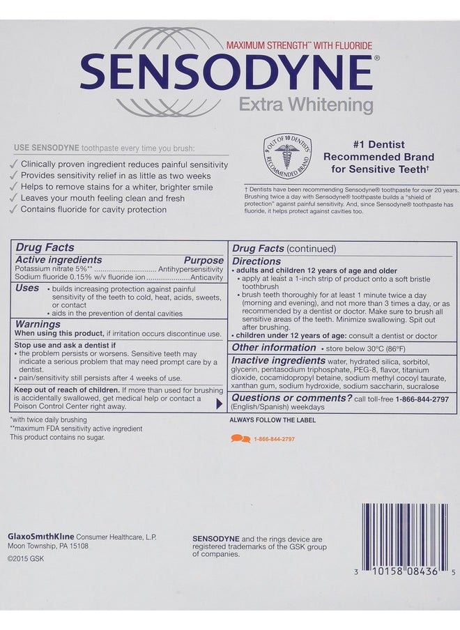 Sensodyne Extra Whitening Fluoride Toothpaste for Sensitive Teeth, 4 ct, 26 Oz