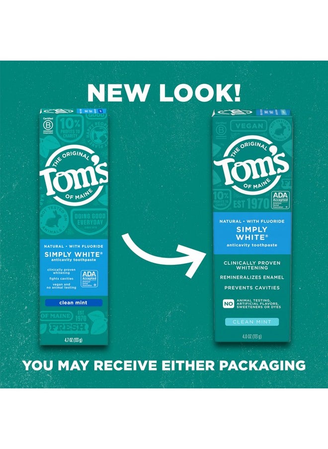 Tom's of Maine Natural Whitening Toothpaste with Fluoride, Simply White, Clean Mint, 3 Pack, 4.0 Oz