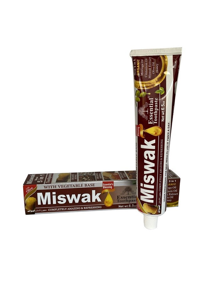 Essential Palace (Pack of 6) Organic Miswak Herbal Whitening Toothpaste - Refreshing- with Moringa Oil, Cinnamon Oil, Miswak Extract, Olive Oil & Honey- 100% Fluoride Free & Vegetable Base - 6.5 Oz