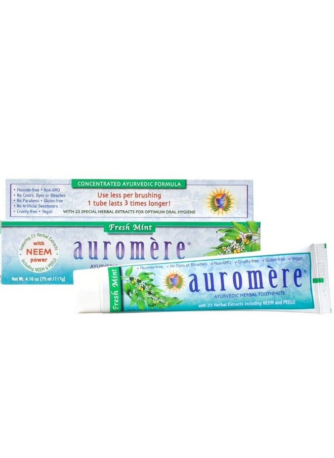 Auromere Ayurvedic Herbal Toothpaste, Fresh Mint - Vegan, Natural, Non GMO, Fluoride Free, Gluten Free, with Neem & Peelu (4.16 oz), 1 Pack
