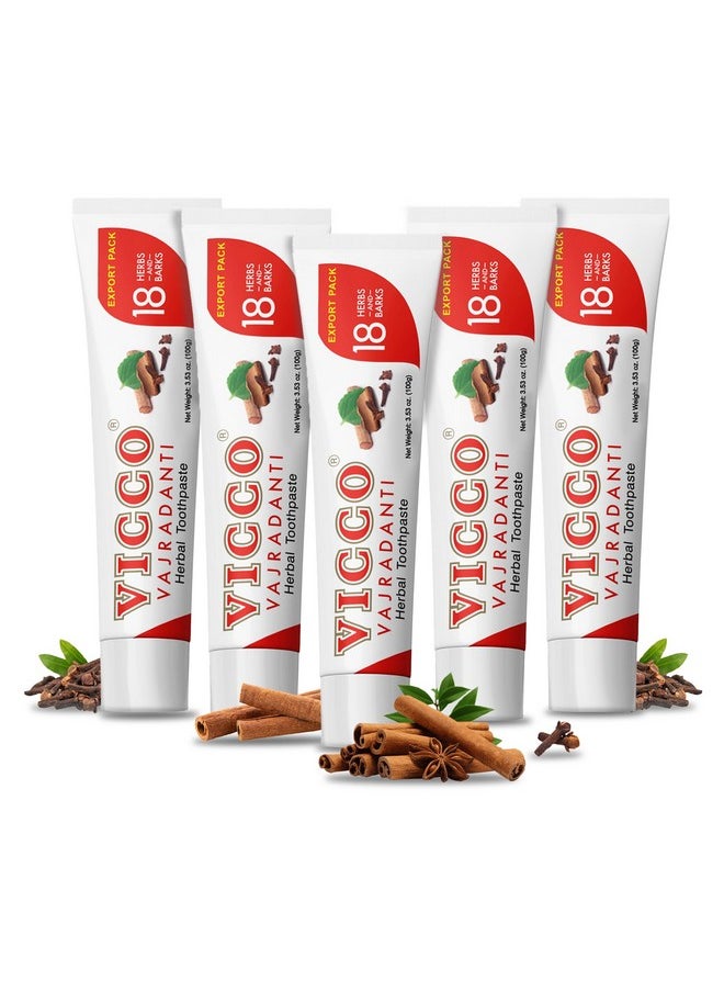 Vicco Vajradanti Herbal Toothpaste, Contains 20 Ayurvedic Herbs and Barks, 100% Natural, Vegan & Cruelty-Free - 3.53 oz (Pack of 5)