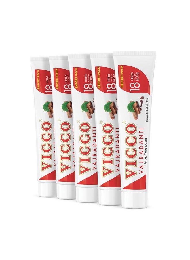 Vicco Vajradanti Herbal Toothpaste, Contains 20 Ayurvedic Herbs and Barks, 100% Natural, Vegan & Cruelty-Free - 3.53 oz (Pack of 5)