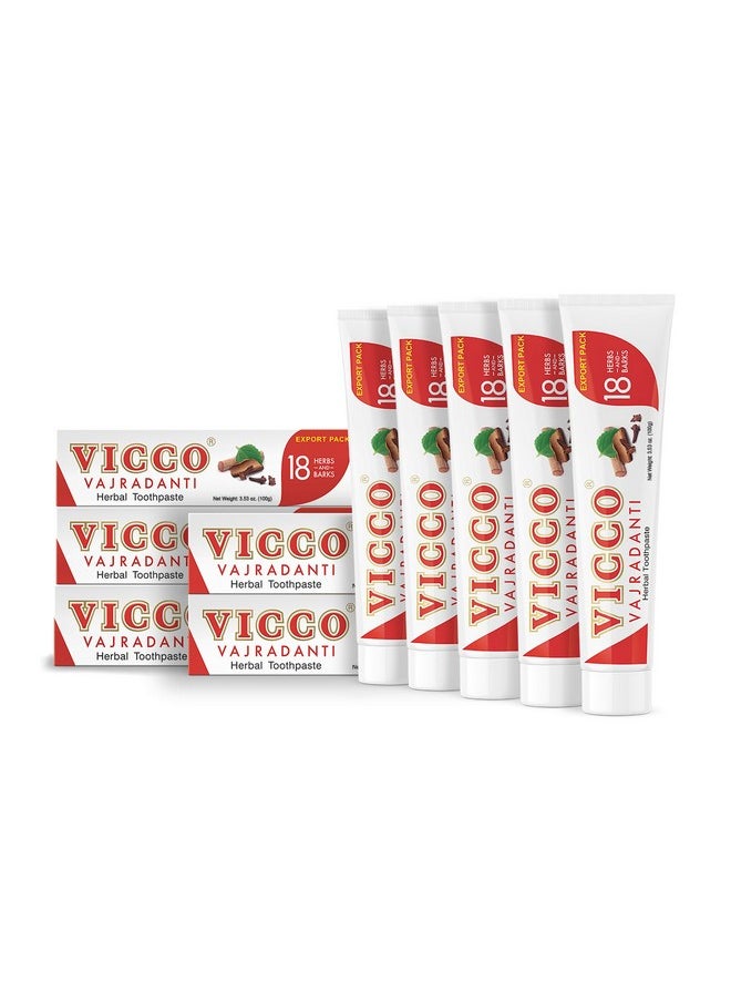 Vicco Vajradanti Herbal Toothpaste, Contains 20 Ayurvedic Herbs and Barks, 100% Natural, Vegan & Cruelty-Free - 3.53 oz (Pack of 5)