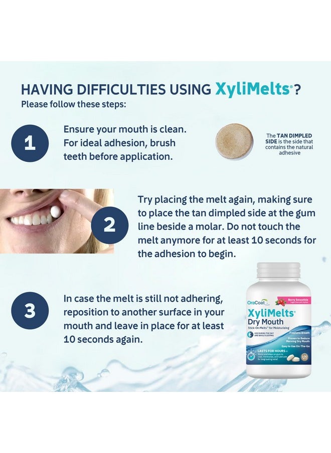 OraCoat XyliMelts Dry Mouth Relief Moisturizing Stick-On-Melts with Xylitol, 100 Count, Berry Smoothie, Helps Stimulate Saliva for Dry Mouth, Non-Acidic, Day & Night Use, Time Release for Up to 8-Hour