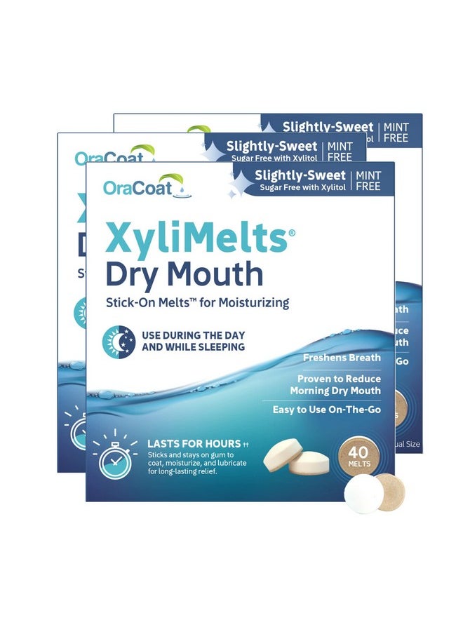 OraCoat XyliMelts Dry Mouth Relief Moisturizing Oral Adhering Discs 40 Count, 3 Pack, Slightly-Sweet with Xylitol, for Dry Mouth, Stimulates Saliva