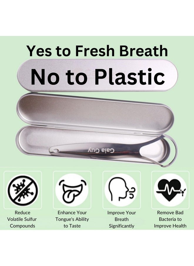 Stainless Steel Tongue Scraper (2-Pack w/ 2 Steel Travel Cases Included), Tongue Cleaners Reduce Bad Breath, 100% Metal Tongue Scrapers with Metal Cases (Plastic-Free)