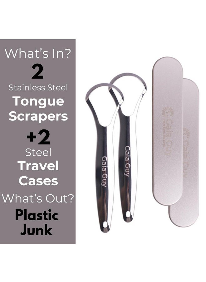 Stainless Steel Tongue Scraper (2-Pack w/ 2 Steel Travel Cases Included), Tongue Cleaners Reduce Bad Breath, 100% Metal Tongue Scrapers with Metal Cases (Plastic-Free)