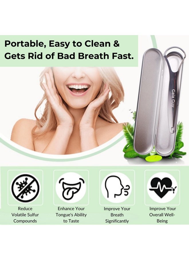 Stainless Steel Tongue Scraper (2-Pack w/ 2 Steel Travel Cases Included), Tongue Cleaners Reduce Bad Breath, 100% Metal Tongue Scrapers with Metal Cases (Plastic-Free)