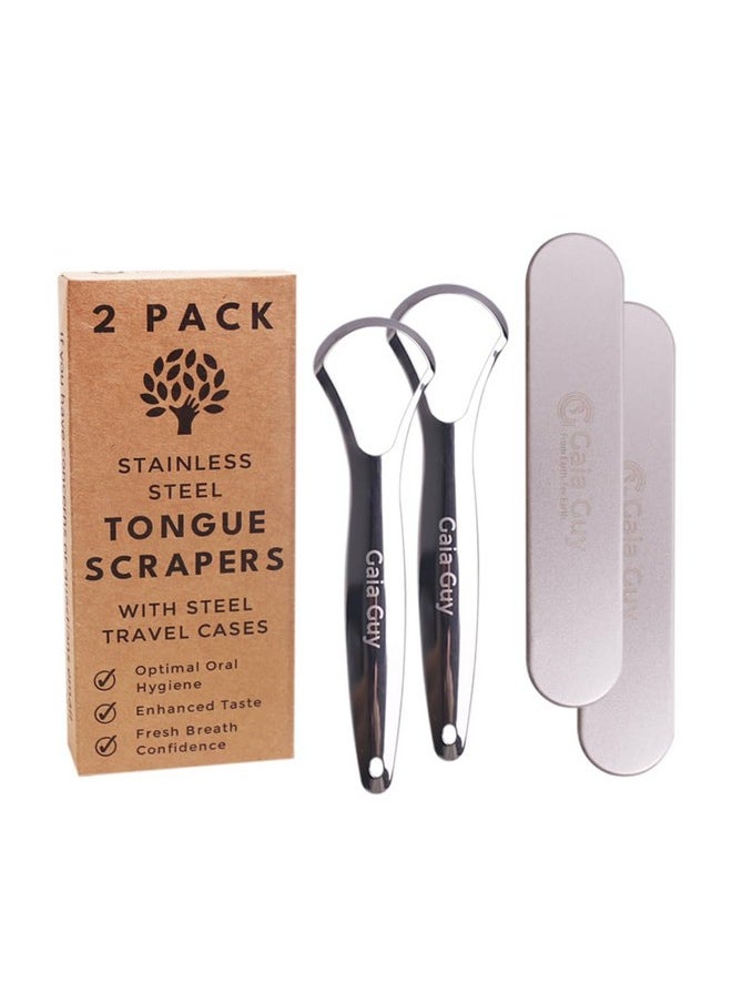 Stainless Steel Tongue Scraper (2-Pack w/ 2 Steel Travel Cases Included), Tongue Cleaners Reduce Bad Breath, 100% Metal Tongue Scrapers with Metal Cases (Plastic-Free)