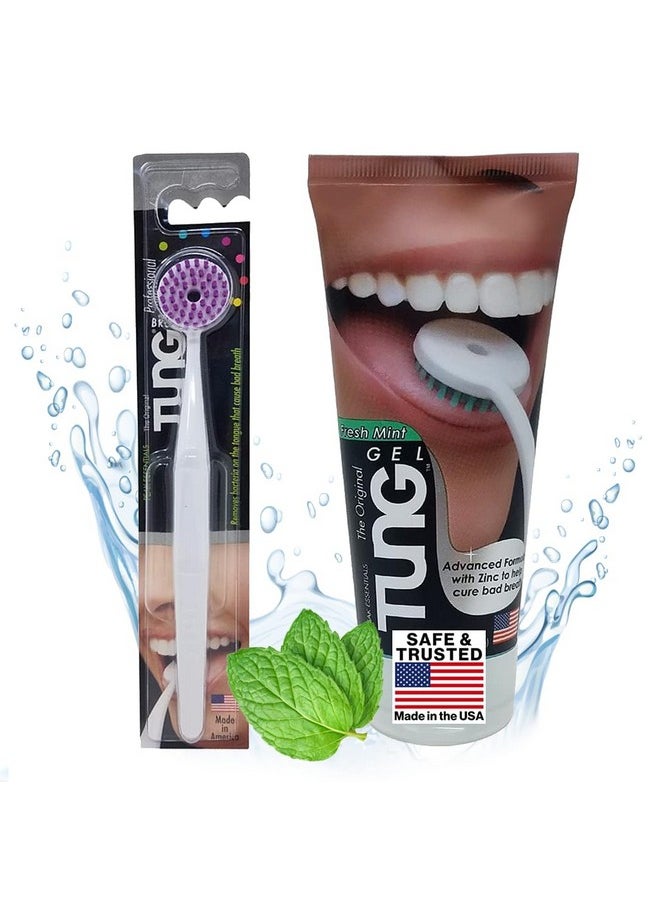 Tung Tongue Brush & Gel Kit | Tongue Cleaner for Adults | Tongue Scraper to Fight Bad Breath and Halitosis | Mouth Odor Eliminator | Fresh Mint | Made in America (Set of 1)