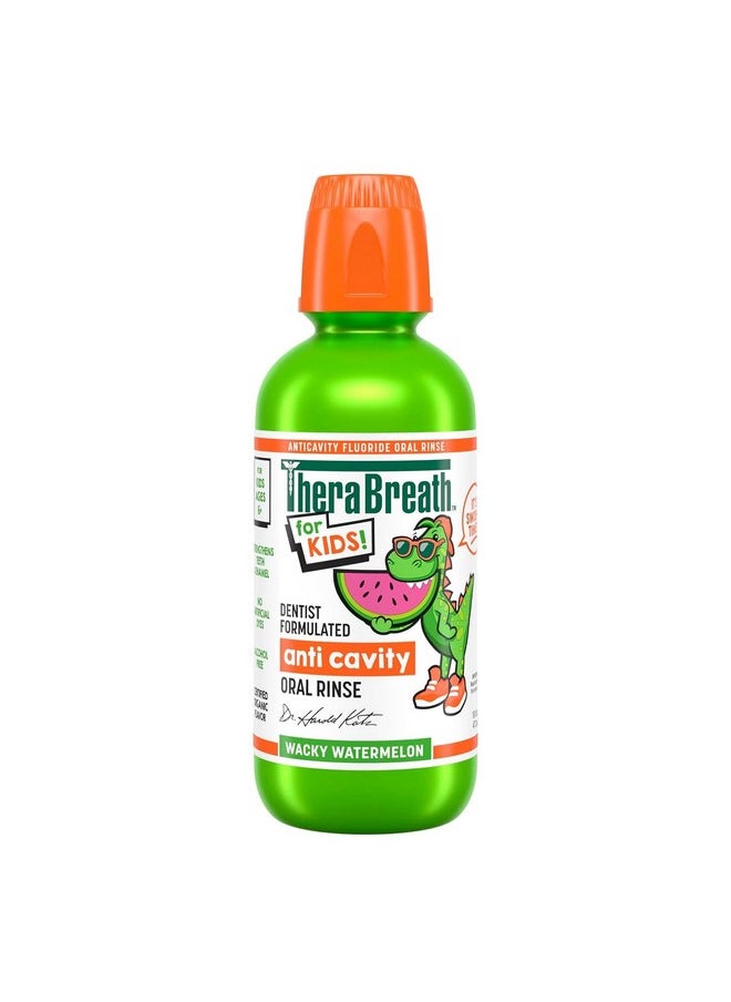 TheraBreath Kids Organic Wacky Watermelon Mouthwash with Fluoride, Anticavity, Dentist Formulated, 16 Fl Oz