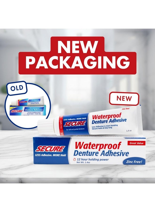 Secure Waterproof Denture Adhesive - Zinc Free - Extra Strong Hold For Upper, Lower or Partials - 1.4 oz