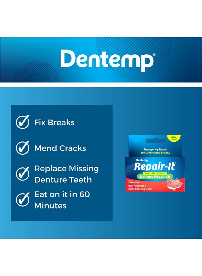 Dentemp Repair Kit - Repair-It Advanced Formula Denture Repair Kit (Pack of 3) - Denture Repair Kit Repairs Broken Dentures - Denture Repair to Mend Cracks & Replace Loose Teeth