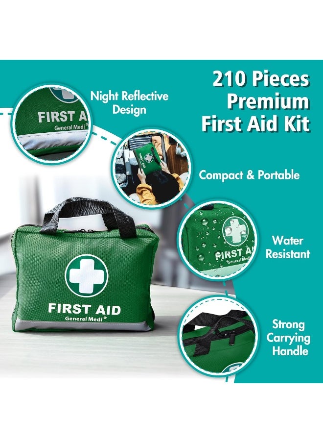 General Medi 210 Piece First Aid Kit- Emergency kit - Reflective Design - Includes Eyewash, Ice(Cold) Pack, Moleskin Pad and Emergency Blanket for Travel, Home, Office, Car, Workplace & Outdoor