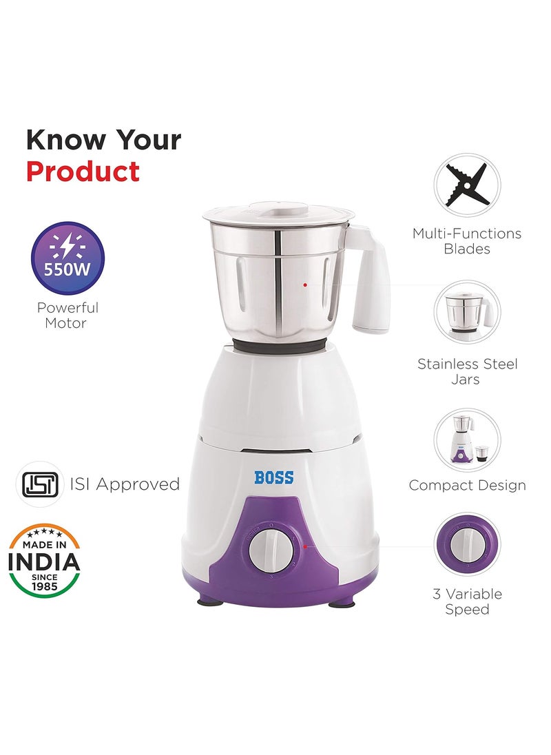 Boss Flora 550-Watt Mixer Grinder, 2 Jars, White-Purple
