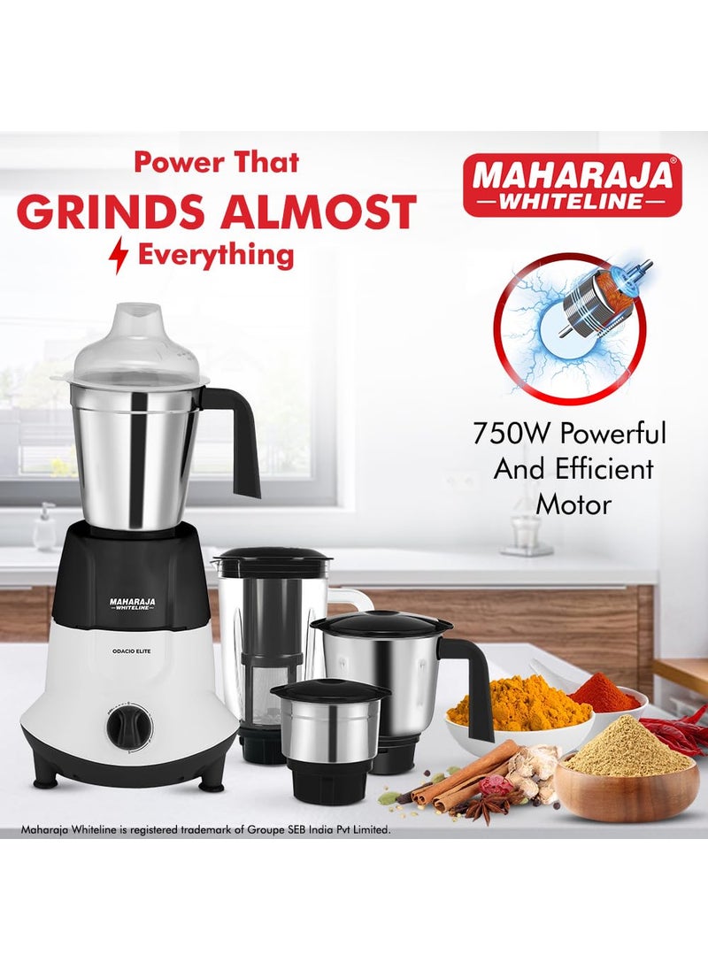 Maharaja Whiteline Odacio Elite Mixer Grinder With 4 Jars | 750 Watt | 20,000 RMP Motor | Stainless Steel Blade | 2 Years Warranty | Black & White